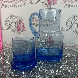 2- in 1 Handblown Blue Glass Pitcher and Tumbler Set cup and pour vintage